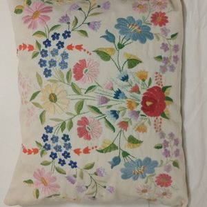 Hand Embroidered Vintage Pillow Colorful Flowers on Natural Cotton Mid Century
